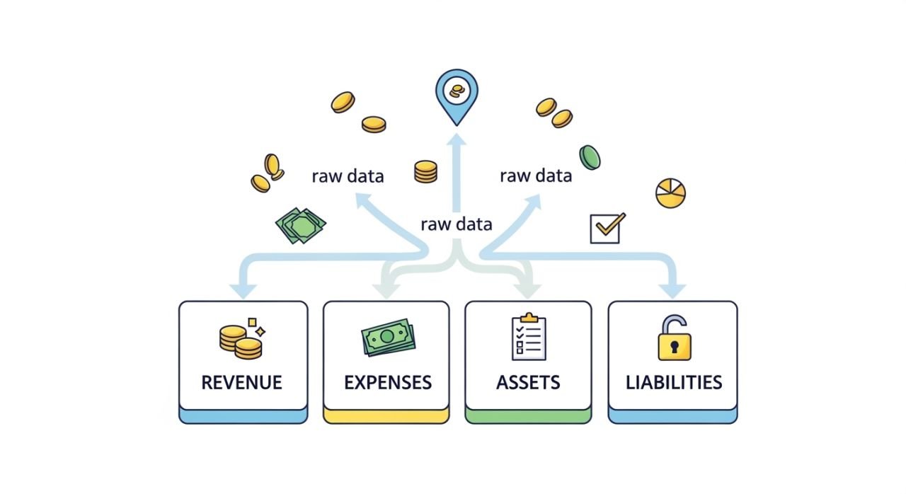 Infographic showing a business financial report with revenue, expenses, assets, and liabilities, highlighting financial reporting purpose.