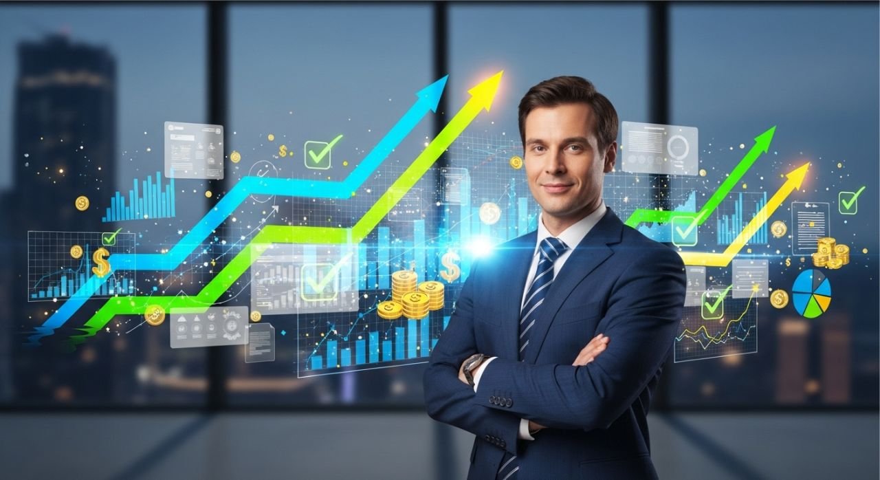 Illustration of a manager using financial reports and charts to make strategic business decisions and drive growth.