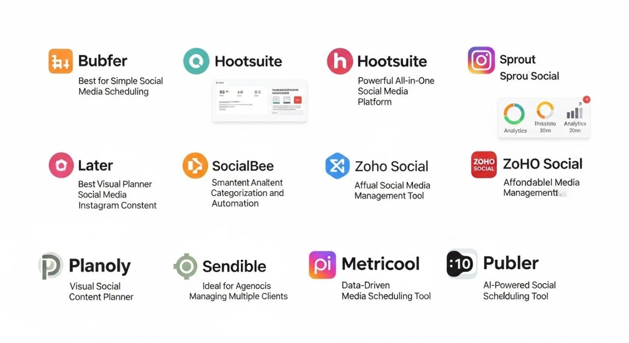 "Infographic showcasing 10 top social media scheduling tools with logos, features, and automation benefits."