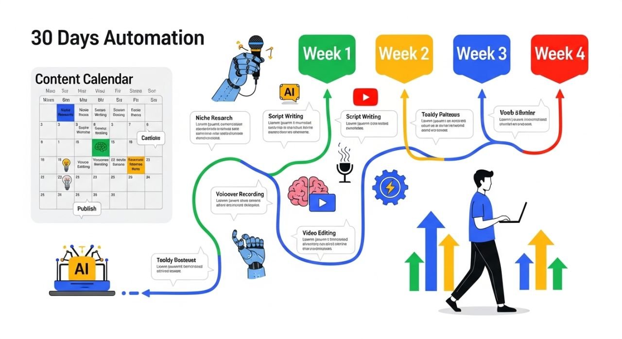 "30-day YouTube automation action plan with weekly milestones and daily smart tasks."