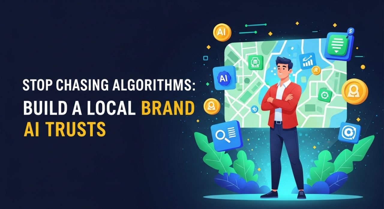 Small business owner building a trusted local brand with AI and digital search graphics in the background.