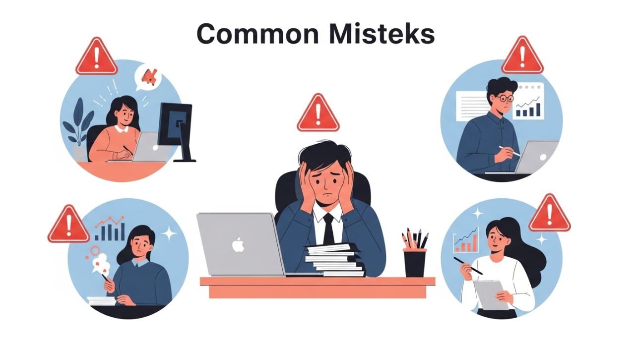 "Visual guide showing common mistakes when using social media scheduling tools like over-automation and ignoring analytics."