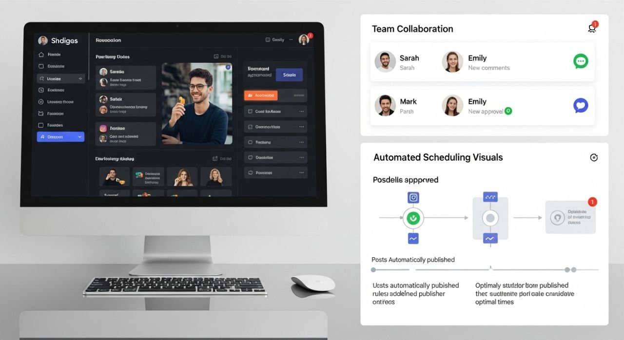 "Social media scheduling tool dashboard showing key features like analytics, automation, and team collaboration."