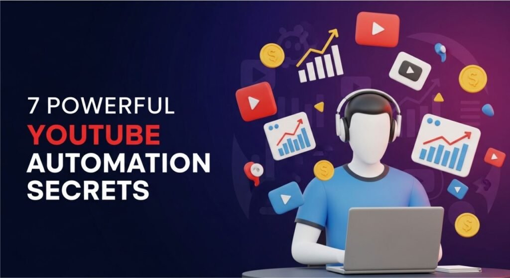 "Faceless YouTube creator with laptop, video icons, and growth charts representing YouTube automation secrets."