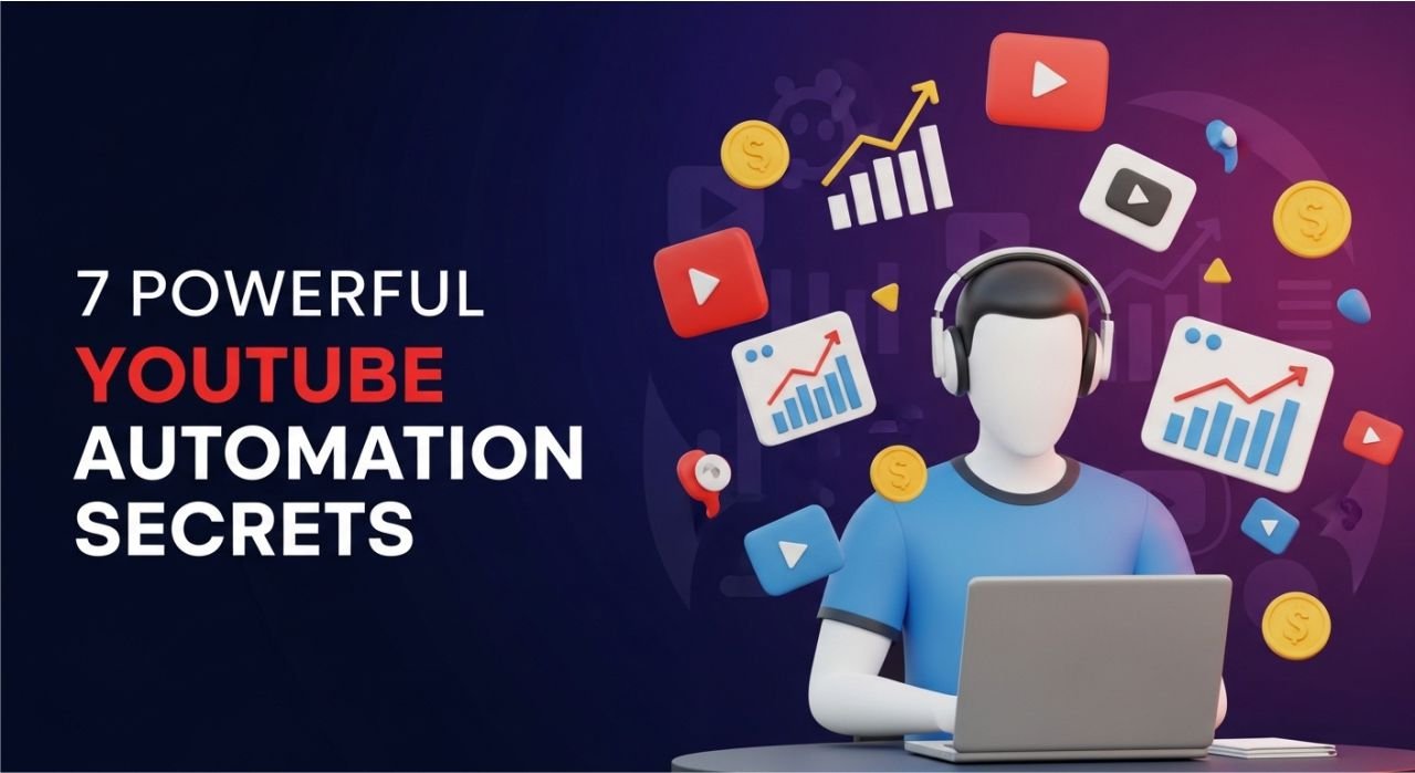 "Faceless YouTube creator with laptop, video icons, and growth charts representing YouTube automation secrets."