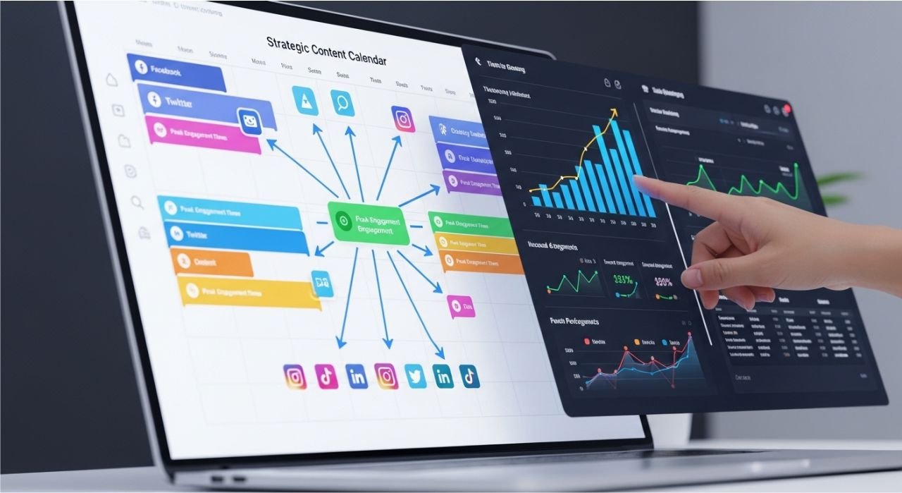 "Illustration of maximizing social media scheduling results with strategic content calendar, analytics, and multi-platform posting."