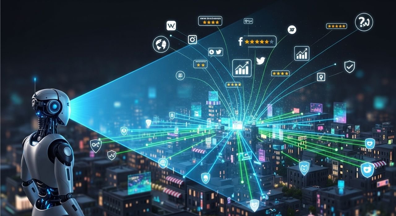AI analyzing local businesses with digital connections and trust signals for search rankings.
