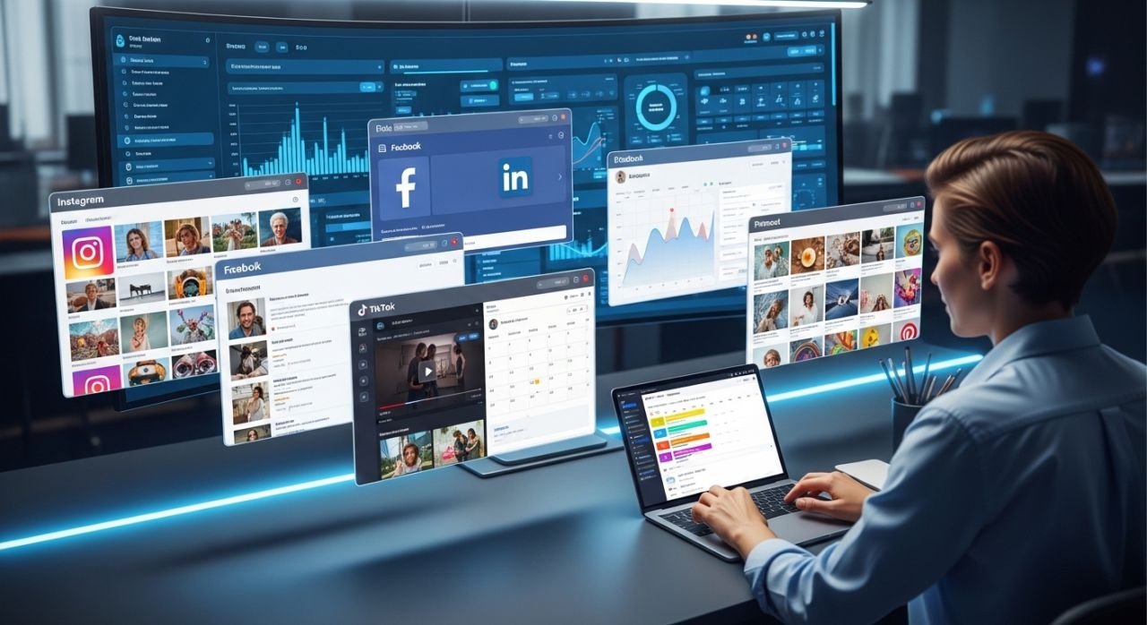 "Illustration of a marketer scheduling posts across Instagram, Facebook, LinkedIn, TikTok, and Pinterest using top social media scheduling tools."