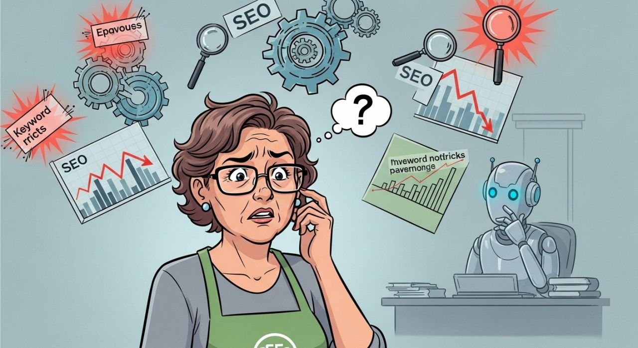 Local business owner struggling with outdated SEO hacks and algorithms, showing failure to build AI trust.