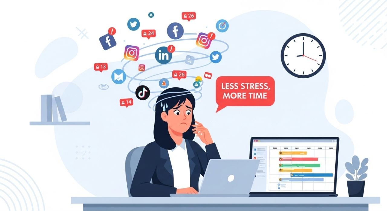 "Marketer using social media scheduling tools to manage multiple platforms and stay organized."