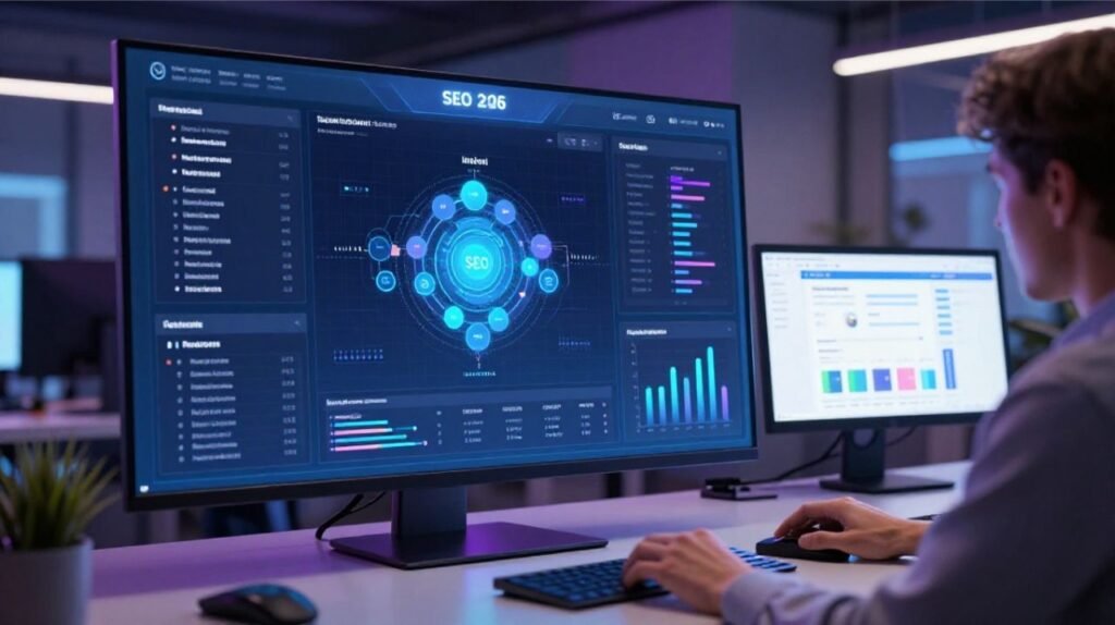 SEO expert performing keyword research in 2026 using AI-powered tools and search intent analysis.