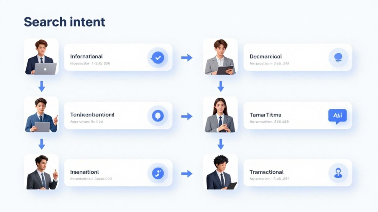 Search intent categories including informational, navigational, commercial, and transactional searches.