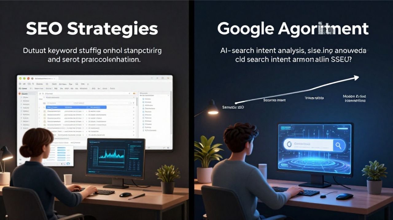Comparison between outdated keyword research methods and modern SEO strategies in 2026.