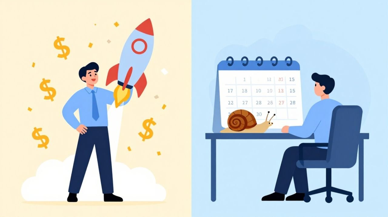 Split illustration showing an entrepreneur's fantasy of instant success versus the slow, realistic timeline of building an online business.