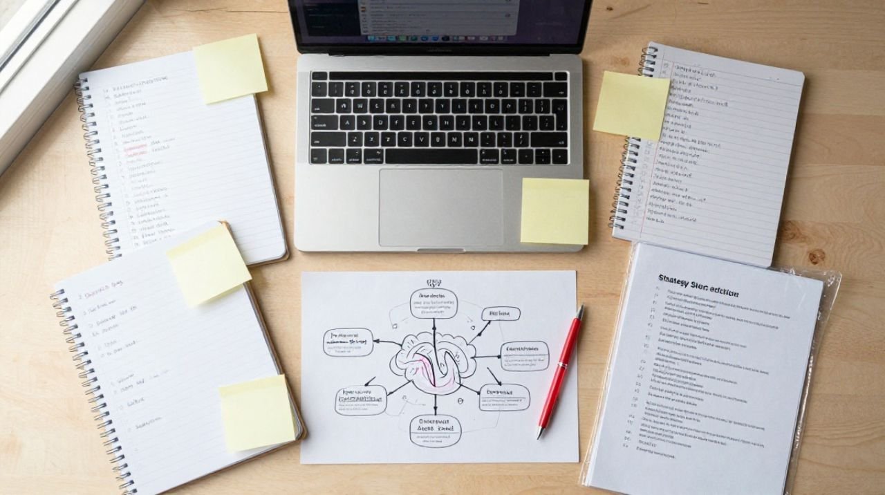 Overhead view of a cluttered desk with sticky notes, open tabs, and unfinished plans, representing the lack of strategy that causes online business failure.