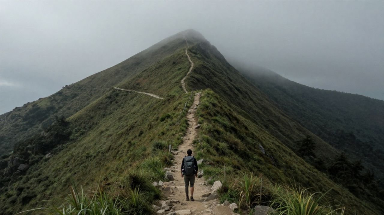 A lone person standing at the base of a steep, misty mountain trail, illustrating how entrepreneurs underestimate the learning curve of starting an online business.