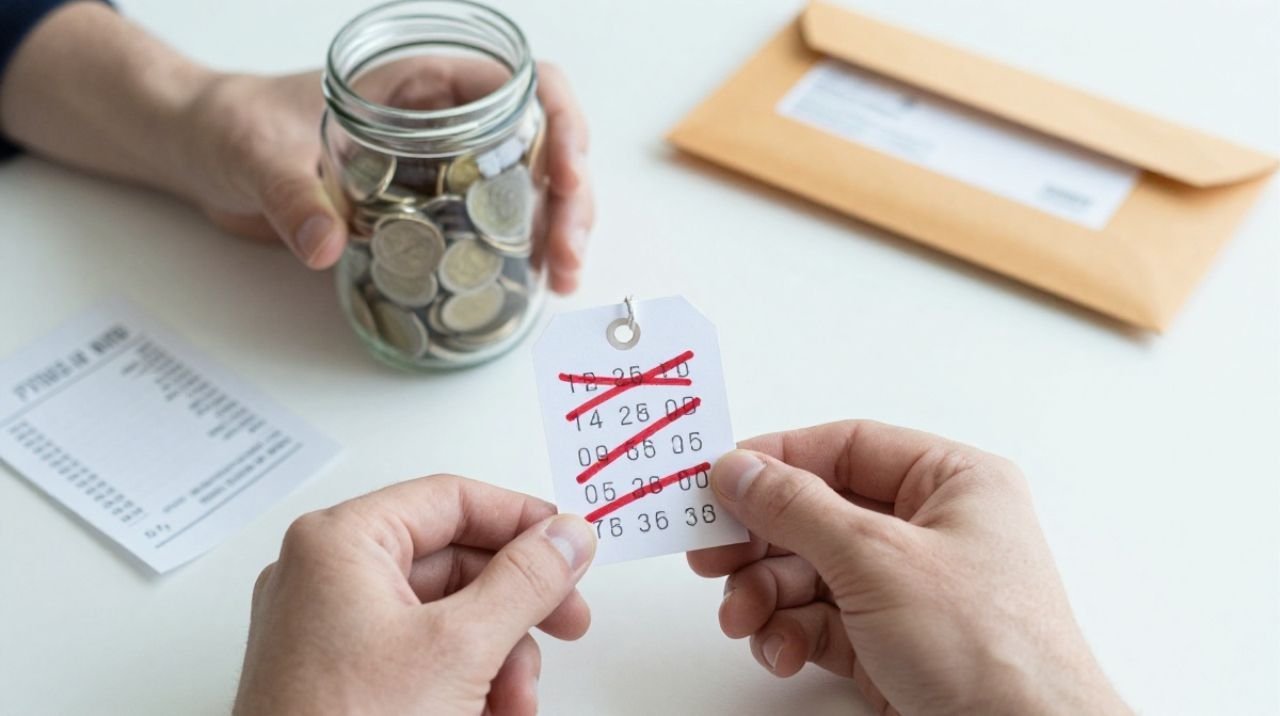 Hands holding a crossed-out low price tag and an almost empty coin jar, representing poor money mindset and pricing mistakes in new online businesses.