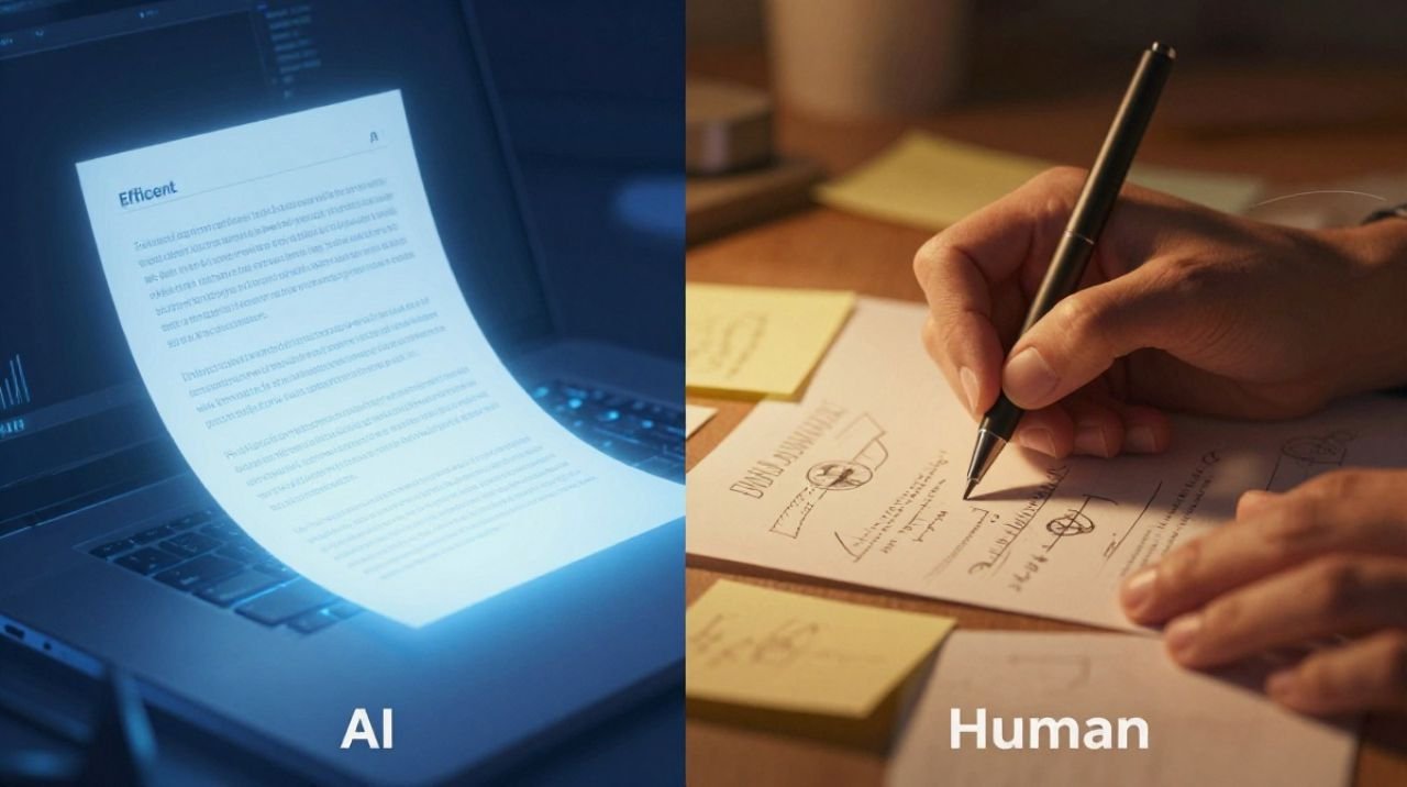 Split illustration comparing AI content creation capabilities versus human creative expertise