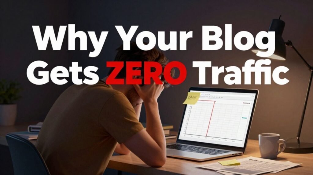 Frustrated blogger looking at zero traffic graph on laptop — common blogging mistakes killing blog growth