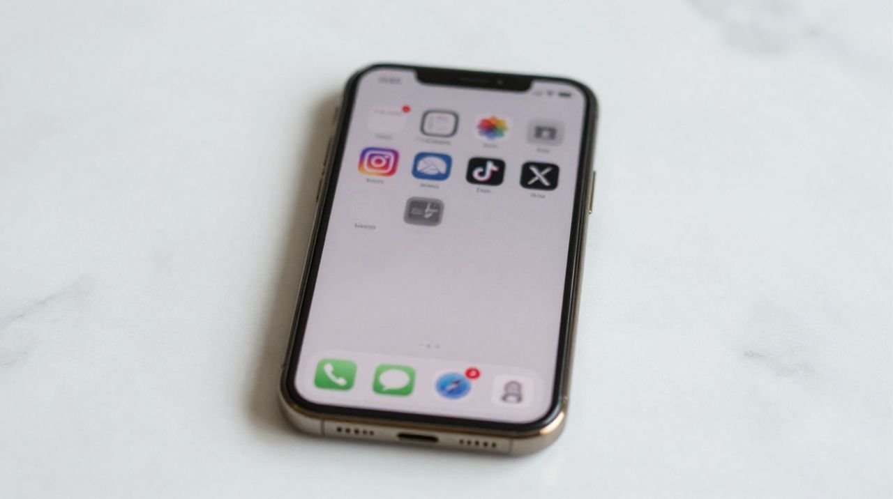Top-down view of a smartphone with faded social media app icons on a marble surface, symbolising Gen Z quietly logging off social platforms.