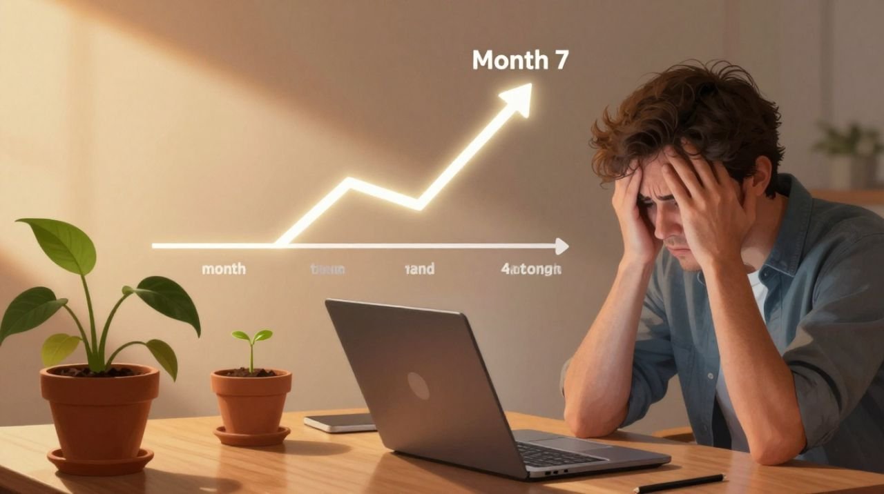 Blogger quitting too soon before blog traffic breakthrough, shown on a content growth timeline