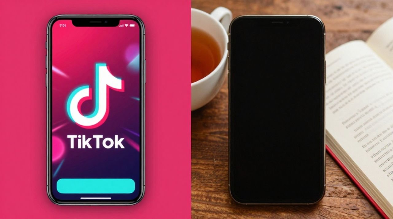 Split-image of a phone showing a vibrant TikTok-style screen on one side and a switched-off screen beside a book on the other, representing Gen Z's complicated relationship with TikTok in 2026.