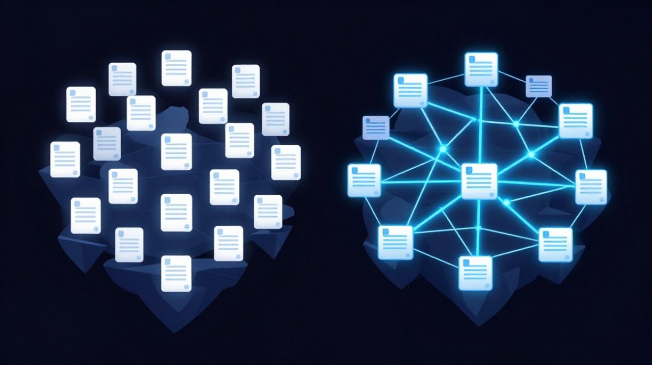 Blog posts without internal links shown as isolated islands versus a connected content network