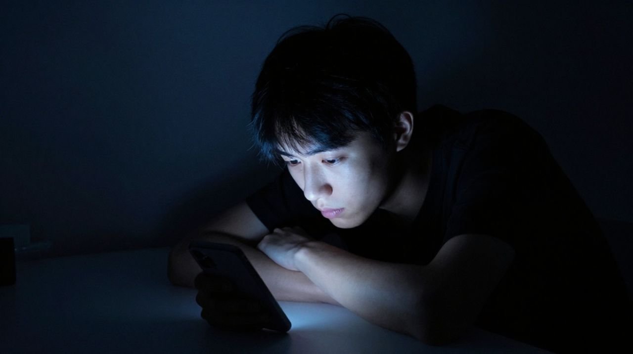 Young person sitting alone at night illuminated only by a phone screen's blue glow, depicting the social media anxiety experienced by Gen Z.