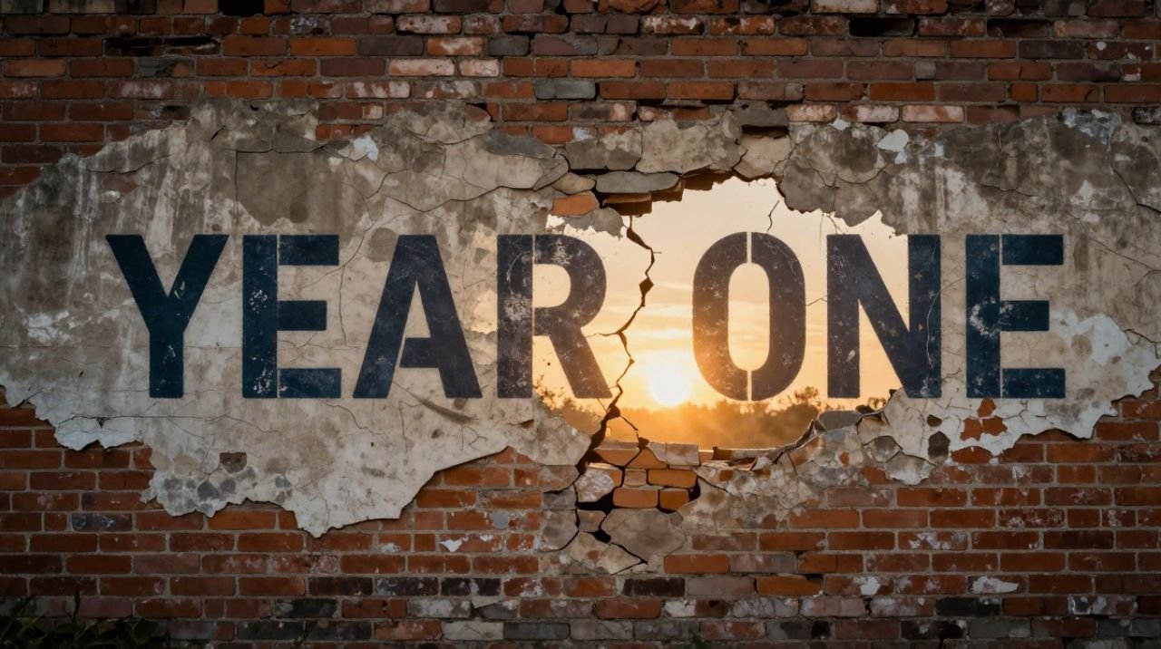 Cracked wall with "Year One" text breaking apart to reveal light behind it, symbolizing the truth about online business failure rates.