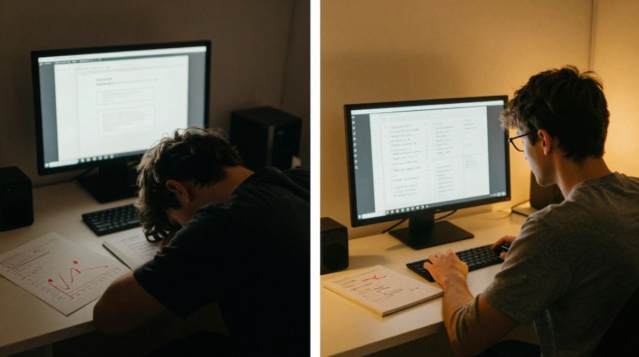 Before-and-after diptych of an entrepreneur shifting from burnout to focused learning, representing the mindset shift that helps online businesses survive year one.
