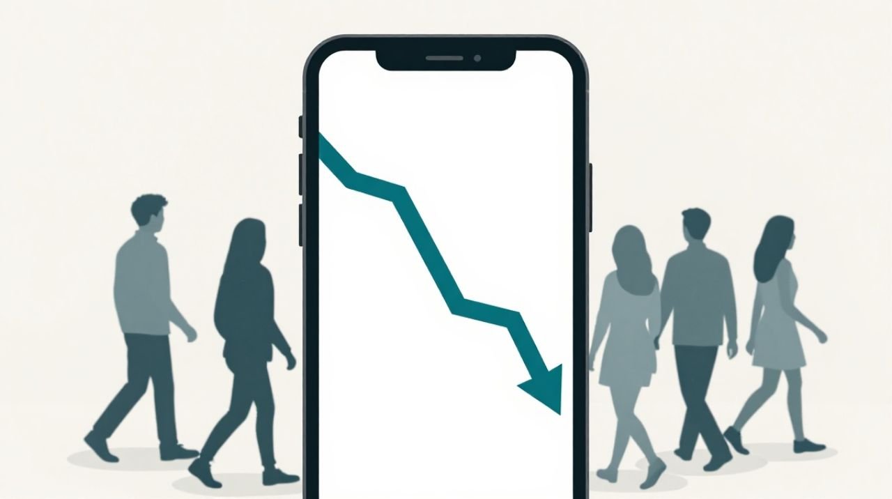 Stylised illustration of a declining graph on a smartphone screen with silhouettes of young people walking away, representing falling Gen Z social media usage in 2026.
