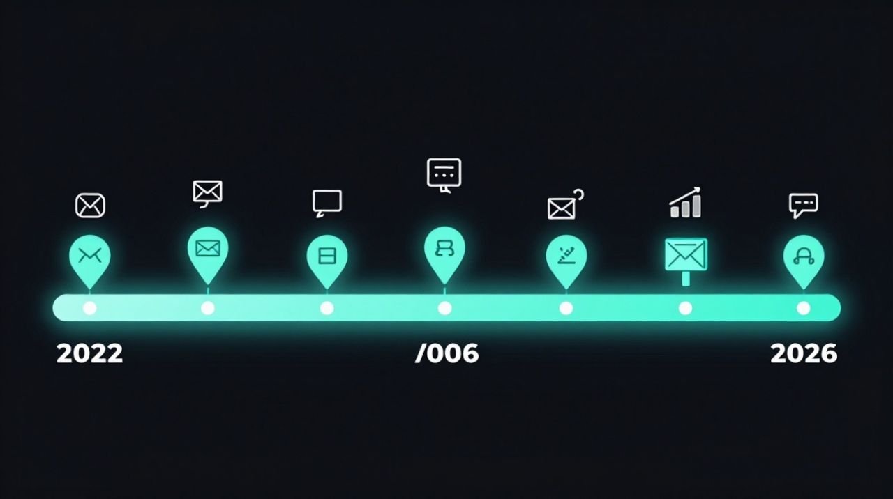 Timeline showing the evolution of AI in digital marketing from 2022 to 2026