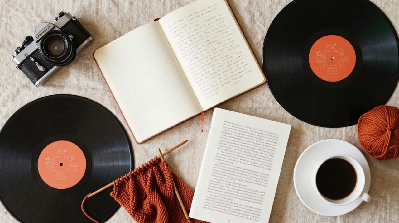 Overhead lifestyle flat lay of analogue items including a film camera, journal, vinyl record, and book on a linen surface, representing what Gen Z is doing instead of scrolling social media.