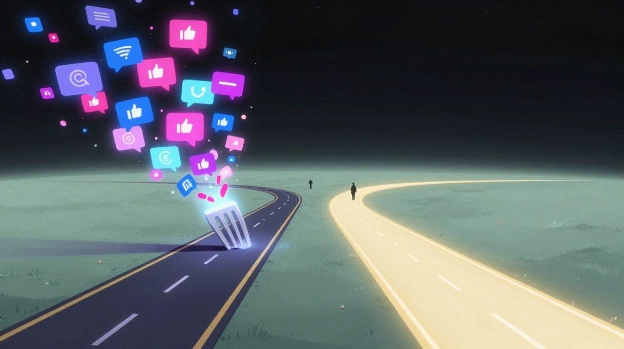 Futuristic illustration of a fork in a digital road with one path cluttered with social media notifications and another leading to open quiet space, representing the future of social media in 2026.