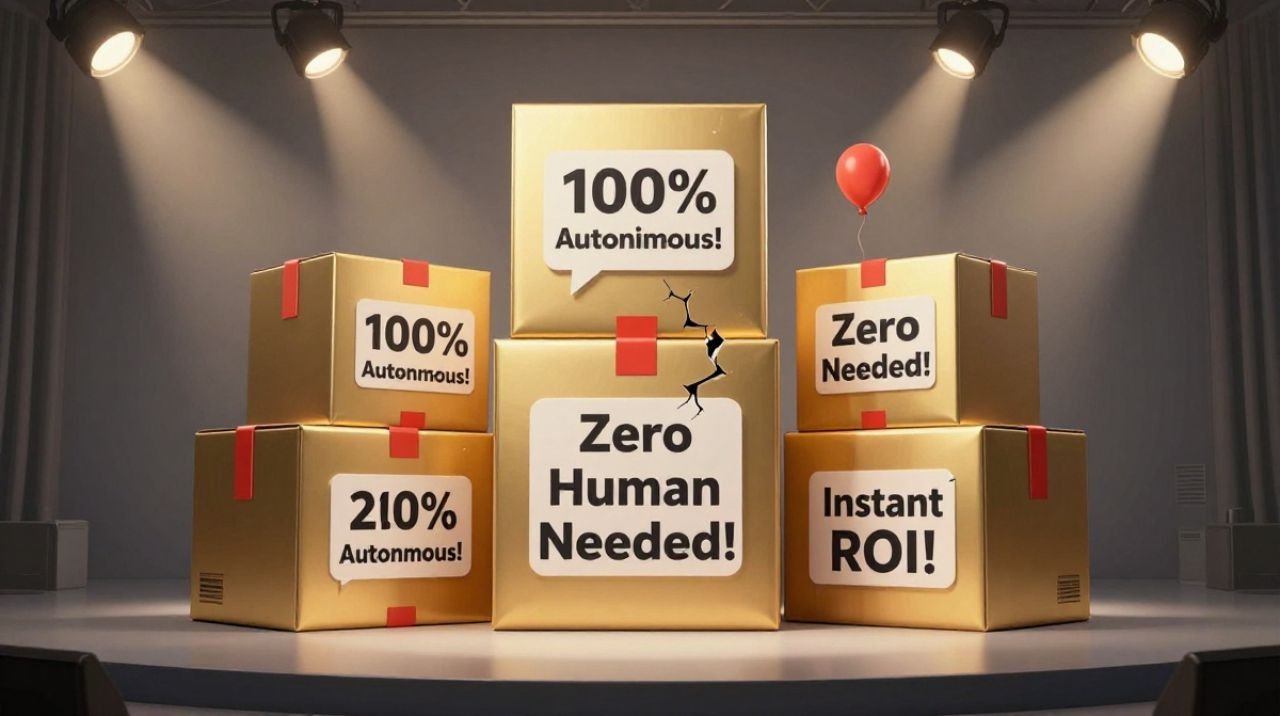 Overhyped AI marketing trends illustrated as oversized product boxes with exaggerated claims