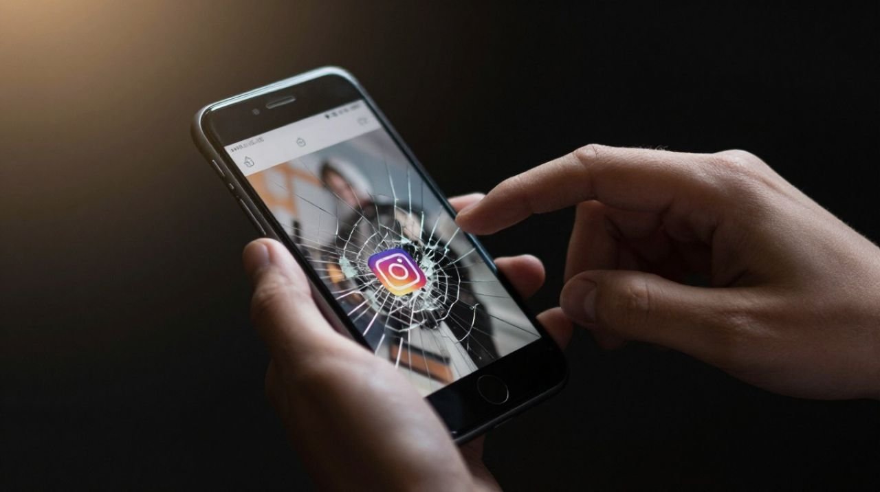 Close-up of hands holding a cracked smartphone with blurred social media interfaces reflecting on the screen, representing Gen Z's decision to quit Instagram and TikTok.