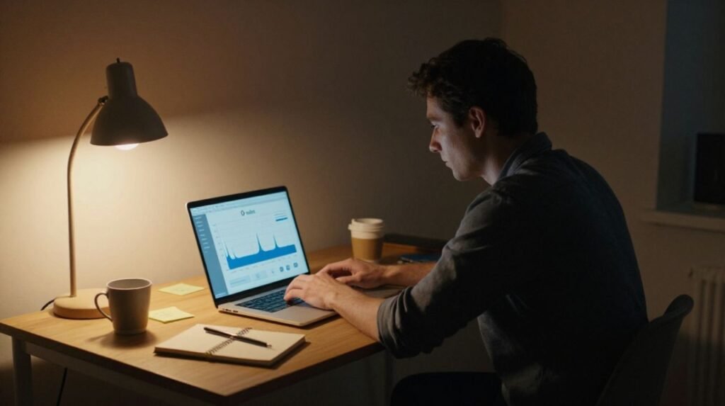 Entrepreneur sitting at a desk late at night staring at a laptop showing zero sales — representing why online businesses fail in year one.