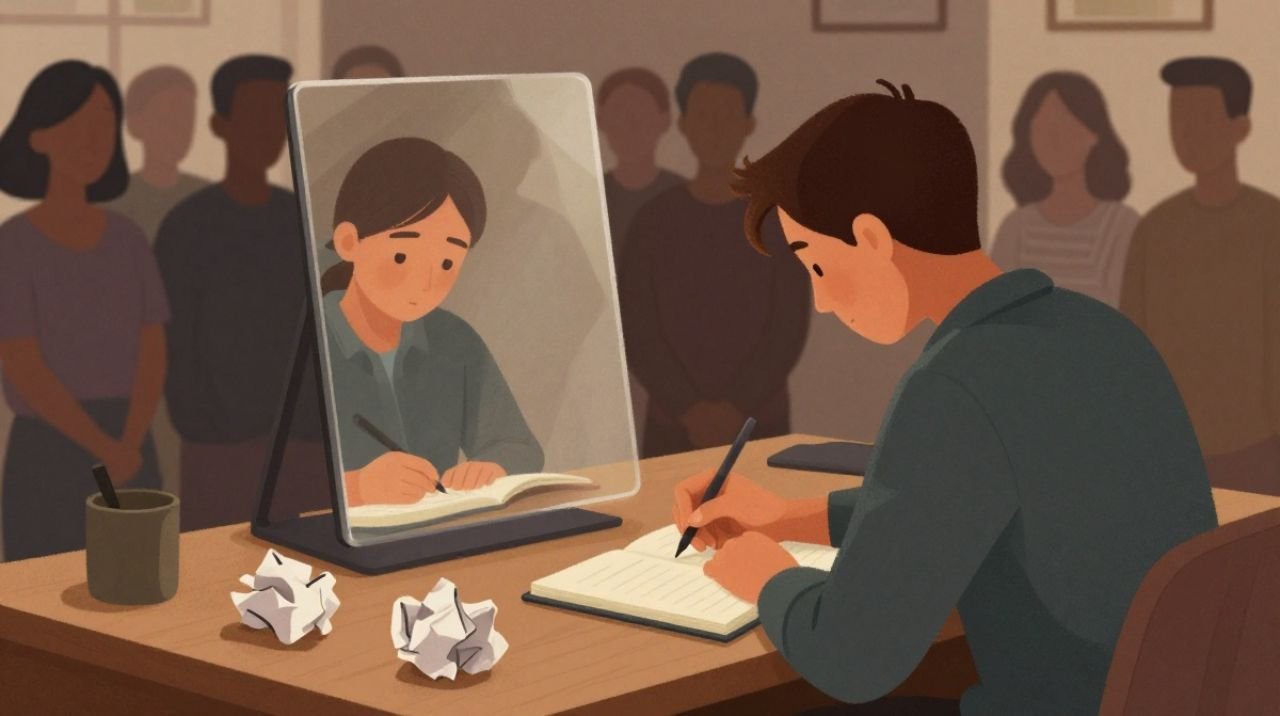 Blogger writing for themselves instead of their target audience, surrounded by rejected ideas